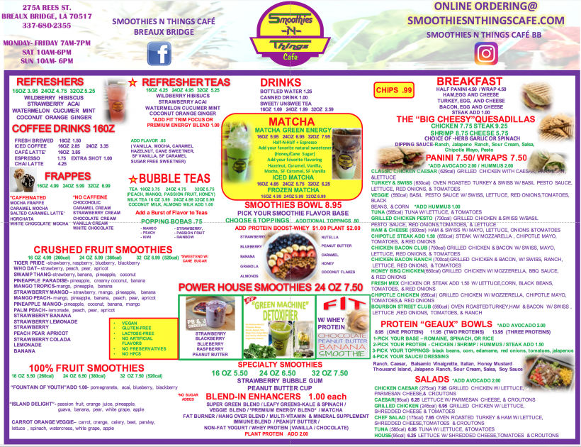 Menu SmoothiesNThings Cafe
