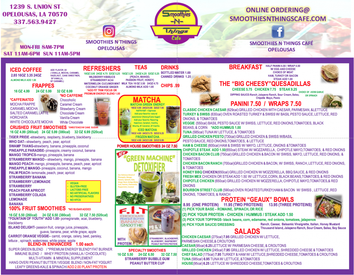 Menu SmoothiesNThings Cafe