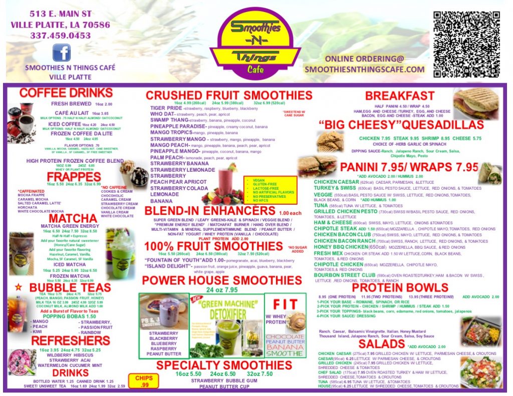 Menu SmoothiesNThings Cafe